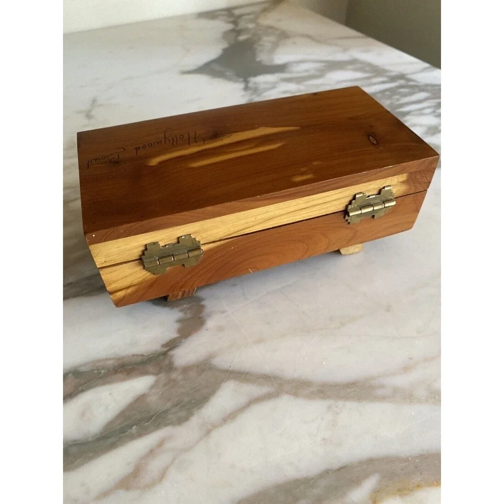 Vintage Handcrafted Cedar Wood Box With Hollywood Bowl Engraving & Hinged Lid